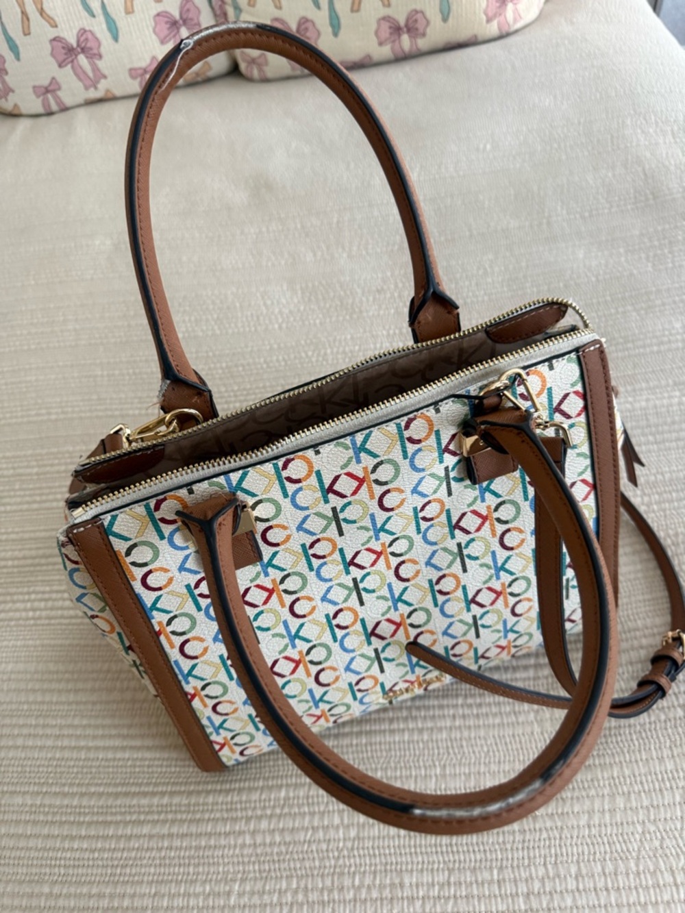 Calvin Klein Multicolor Logo Canvas Satchel with Brown Trim